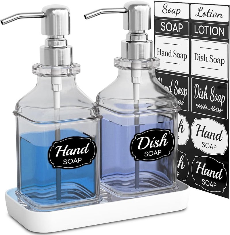 LMQML Soap Dispenser - 2 Pack, Antique Design Thick Glass Hand Soap Dispensers with Sturdy Tray; 304 Rust Proof Stainless Steel Silver Pump, 12Pcs Stickers, for Kitchen, Bathroom - Image 1